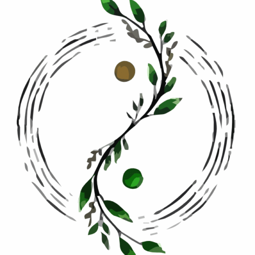 Symbole Yin-Yang stylisé avec un cercle de traits charbonneux et une branche feuillue. Points marron et vert pour l'équilibre nature.