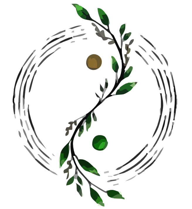 Symbole Yin Yang botanique avec branche feuillue verte et contour circulaire. Les points sont or et vert, évoquant équilibre naturel.