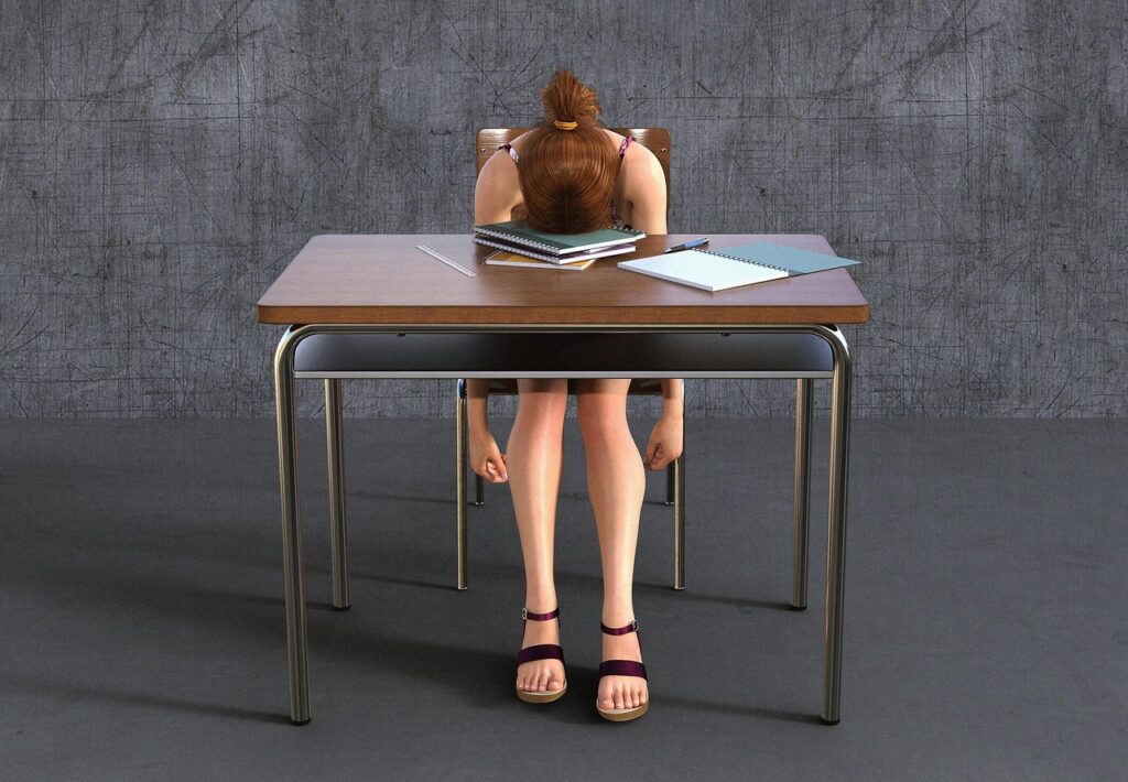girl, teenager, student, school, back to school, studying, tired, school problems, depression, weary, female, 3d render, 3d mockup, school, tired, tired, tired, tired, tired, depression